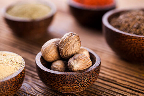 Wooden table of colorful spices